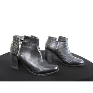 Diba Black Leather Gold Studded Medium Heel Ankle Booties Women 6 US/36 EU